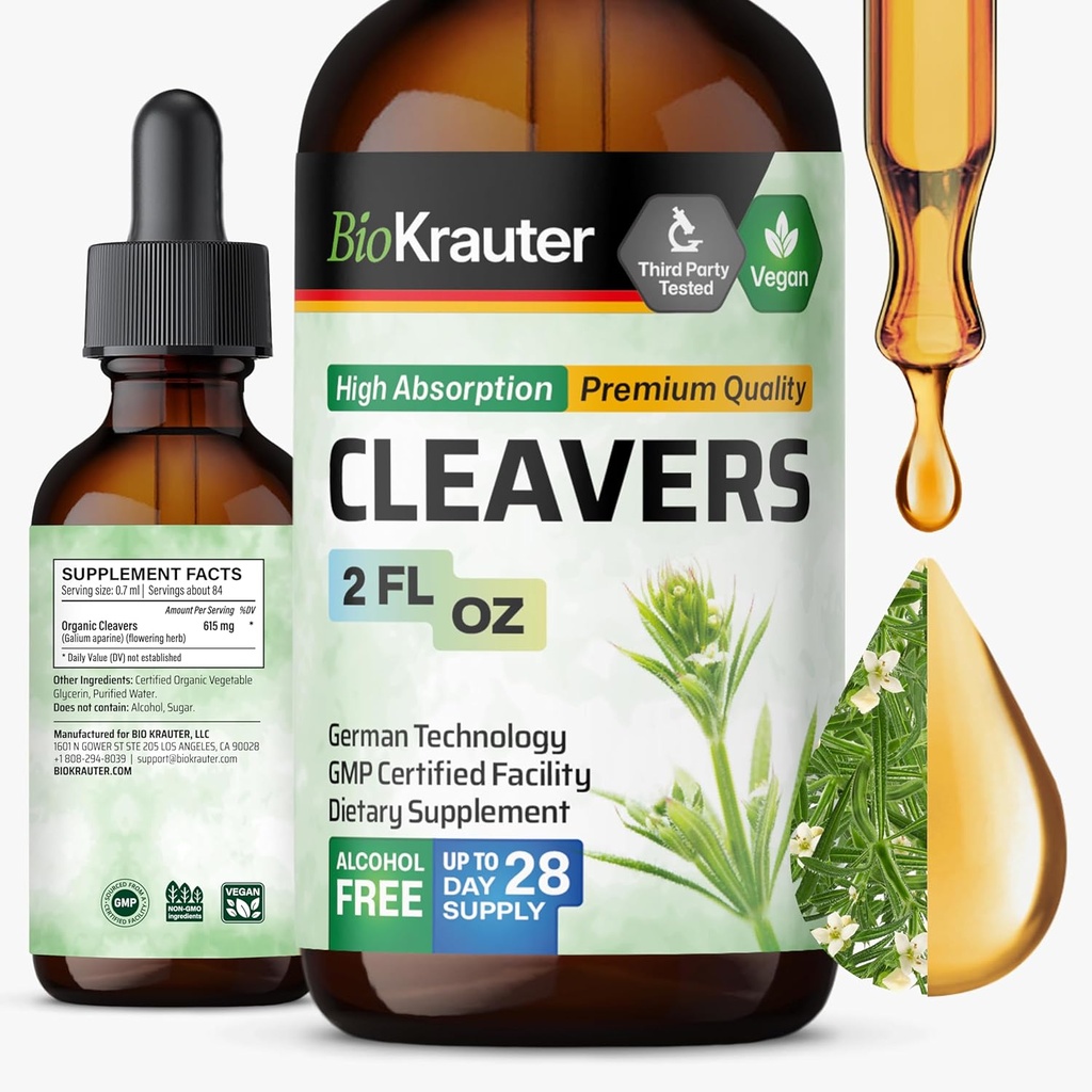 BIO KRAUTER Cleavers Tinktuur - Cleavers Herb Vedel Ekstrakt - Looduslik Detox - Alkohol ja suhkruvaba - Vegan Extract 2 Fl.Oz.