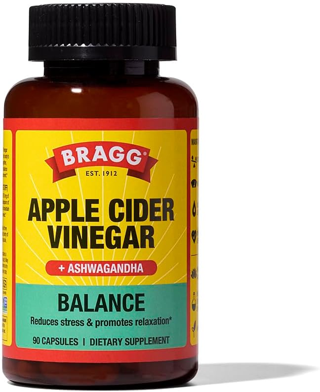 Bragg Daily Balance Apple Siidriäädikas ja Sensoril Ashwagandha kapslid - 750 mg äädikhapet - energia ja kehakaalu juhtimise tugi - (90 pilli)