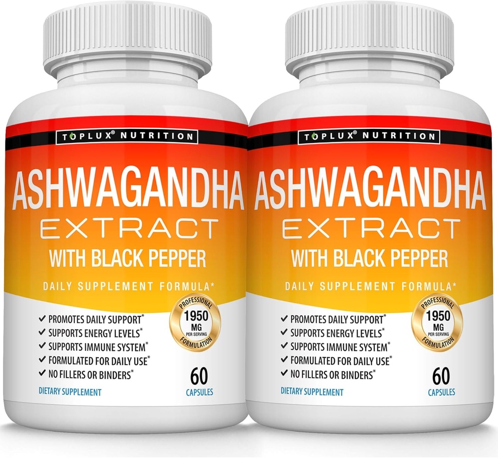 Orgaaniline Ashwagandha Juur Powder Pills 1950 Mg Black Pepper Extract - Pure Natural Ashwagandha Supplement, Support Energy, meestele Naised, 60 kapslit