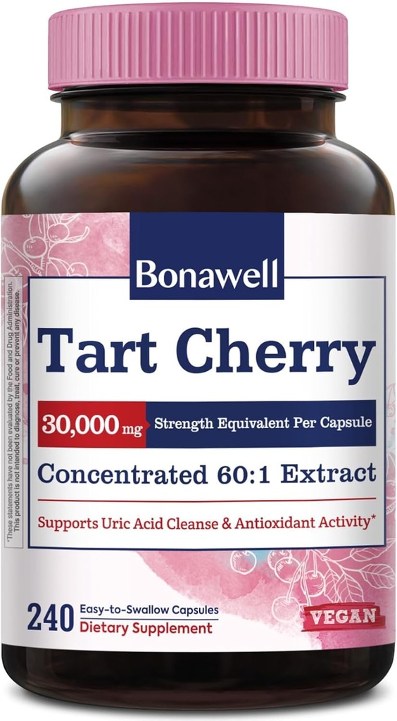 Bonawell Tart Cherry 60: 1 Ekstrakt, 30000mg Tugevus, valmistatud Montmorency Tart Cherries, võimas kusihappe puhastamine, 8 kuu varu, 240 kapslit