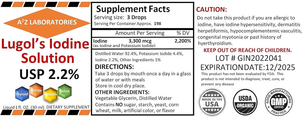 Üldine A2Z Orgaaniline Lugol jood ja kaaliumjodiid 2,0% lahendus, 1 Fl Oz - vedelad toidulisandi tilgad kilpnäärme toetamiseks, detox, ainevahetus, valmistatud USA-s