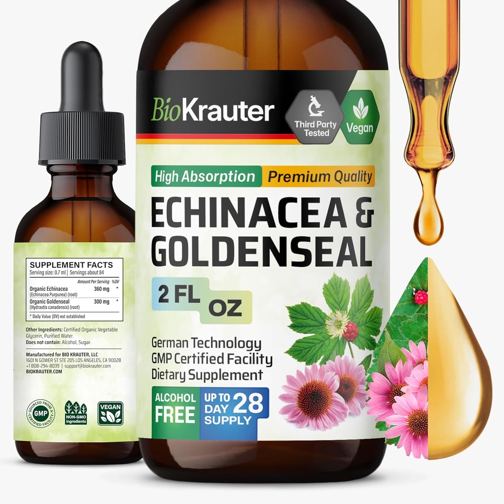 BIO KRAUTER Echinacea ja Goldenseal Root Vedelik Ekstrakt - Natural Immune Support - Echinacea tilgad Goldenseal - Vegan, Alkohol & Sugar Free Tinktuur - 2 Fl.Oz.