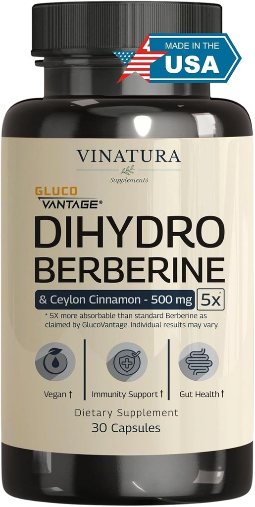 VINATURA Dihydroberberine Supplement with Ceylon Cinnamon, 500mg - (Patented GlucoVantage Super Berberine), Maybe Berberine 5X More absorbable - 30 Capsules