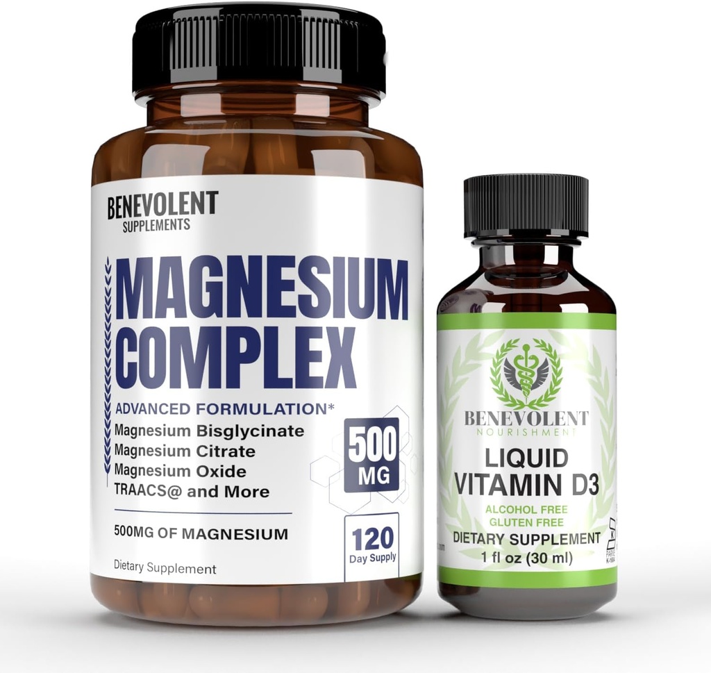 Magneesiumkompleks 5 parima vormi ja vedela D3-vitamiiniga 5000 RÜ komplekt - 4-kuuline 500mg magneesiumglütsinaat, oksiid, tauraat, kelaat, magneesiumtsitraat - une ja immuunsuse tugi