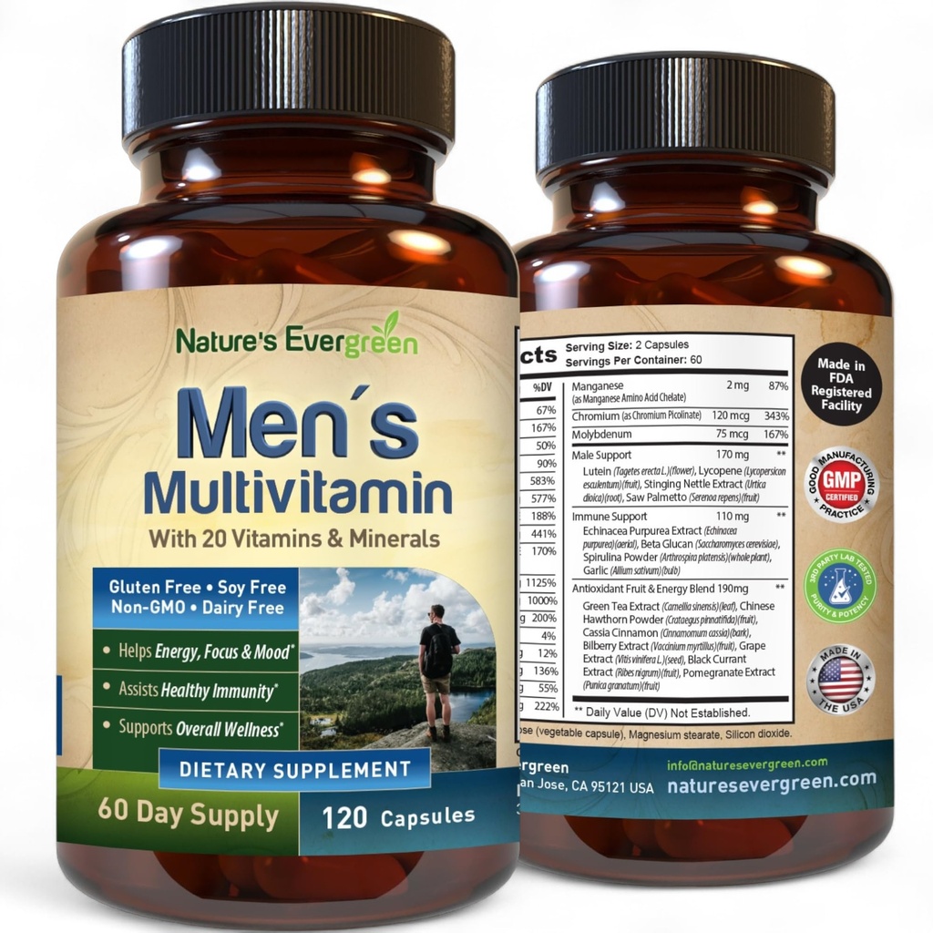 Parim multivitamiin meestele | Täielikult meeste multivitamiinid ja multimineraalid, milles on üle 20 vitamiini A, C, D, E, B12, tsink ja rohkem olulisi vitamiine meestele | energia, fookus ja immuunsus. 120 kapslit