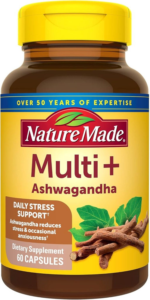 Nature Made Multi + Ashwagandha, multivitamiin naistele ja meestele igapäevaseks stressi leevendamiseks, meeste ja naiste multivitamiin, üks päev meeste ja naiste vitamiinid, 60 kapslit, pruun