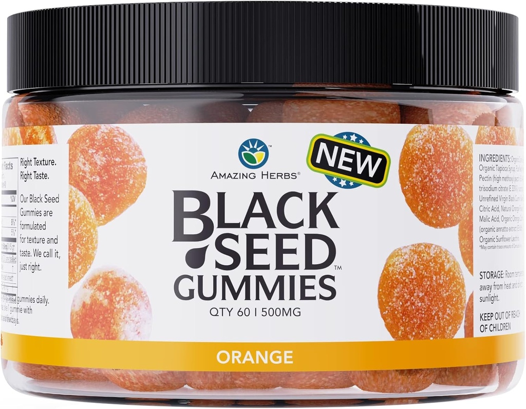 Amazing Herbs Organic Black Seed Oil Gummies - 500mg Per Serving, Cold Pressed Black Cumin Seed, Made with Nigella Sativa, Helps Boost Immunity, Supports Healthy Digestion - Orange Flavor 60 Count