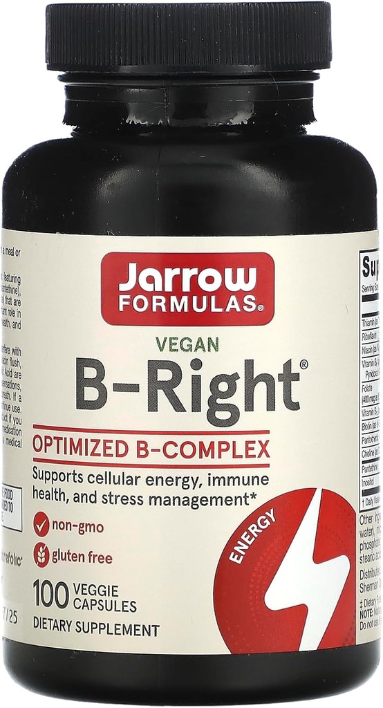 Jarrow Formulas B-Right - Low-Odor Vitamin B-Complex Formula - Energy & Metabolism Support - Promotes Brain, Heart & Cardiovascular Health - 100 Servings (Pack of 1)