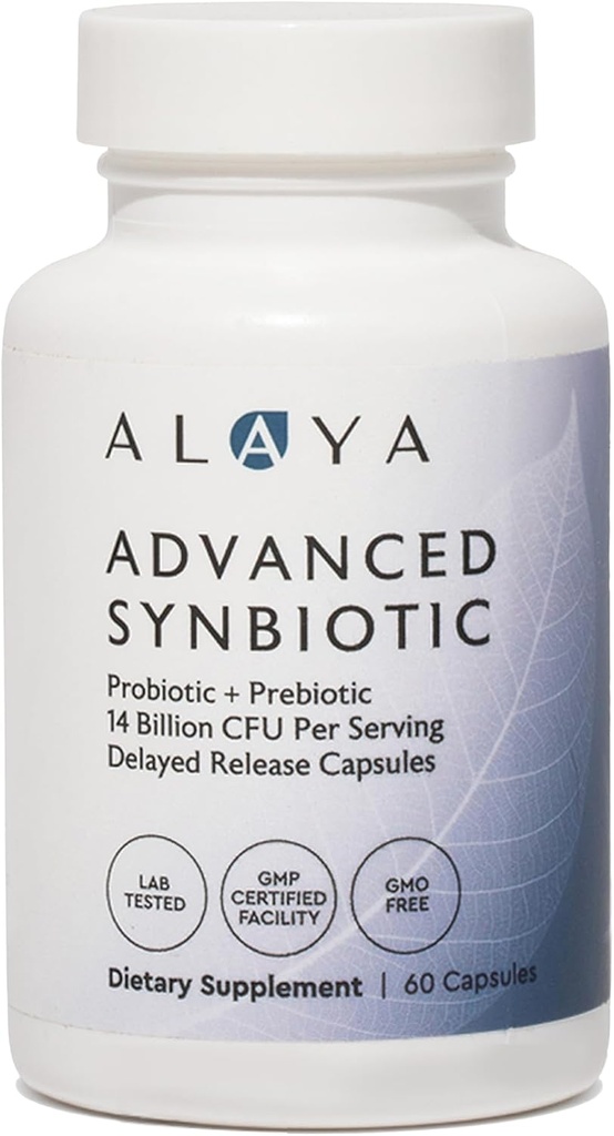 Alaya Naturals Täpsem sünbiootikum - probiootikum + prebiootikum - 14 miljardit CFU hilinenud vabastamist probiootiline täiendus prebiootikumid Sunfiber® ja L-glutamiin soolestiku terviklikkuse - 60 kapslit