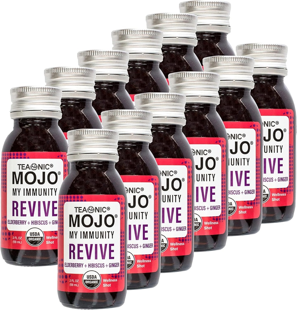 Teaonic Minu immuunsus Mojo: Revive, Taimne mahl, Taimne täiendus Elderberry, Hibiscus ja Ingver, USDA-sertifitseeritud orgaaniline, Vegan, Gluteenivaba, 12 pakendit, 2 Fl. Oz Iga