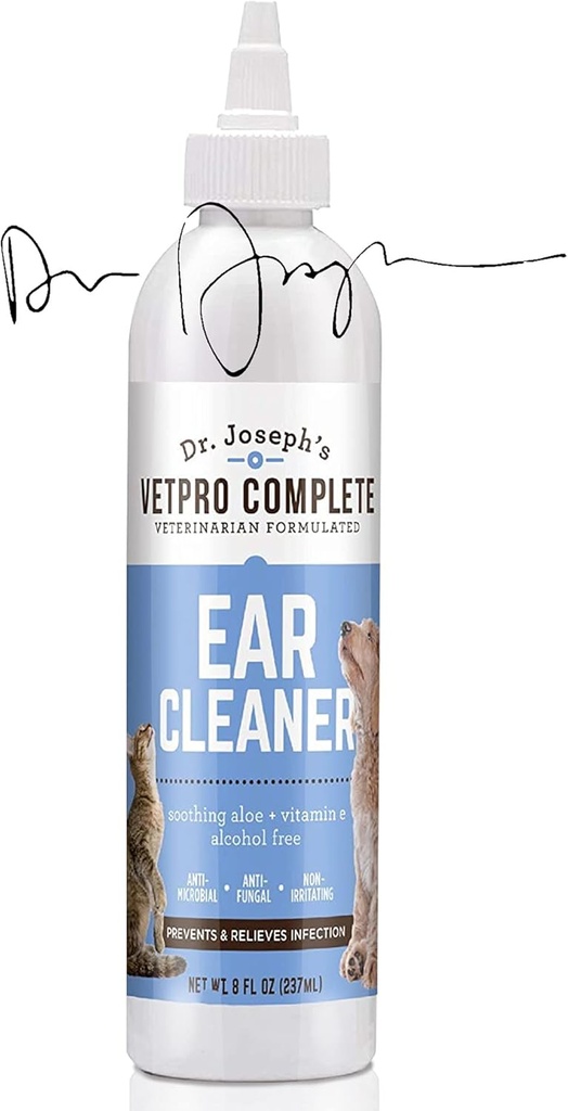 VetPro Complete Dr. Joseph's Dog Ear Cleaner, 8 Ounces, õrn koer ja kass Kõrva loputuslahus Pese Aloe Vera ja E-vitamiiniga, Koerakõrva tilgad vaha ja krõbede eemaldamiseks, vähendab lõhna, lihtne aplikaator
