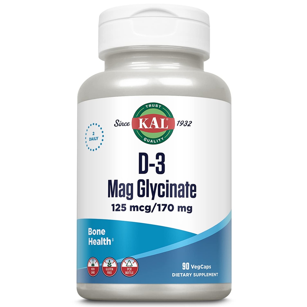 KAL D3-vitamiin ja magneesiumglütsinaat, täiustatud imendumisvalem bioperiiniga, lihas- ja luutervise tugi, immuuntoetus & rohkem, GMO-vaba, Gluteenivaba, 45 serveerimist, 90 VegCaps