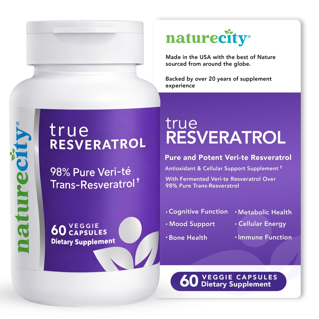 NatureCity TrueResveratrol - Resveratrooli lisand ja vananemisvastane tugi 75mg Trans-Resveratrooliga (98% puhas Veri-te) südame, immuunsuse, luu ja kognitiivse tervise jaoks | 60 Veggie kapslit