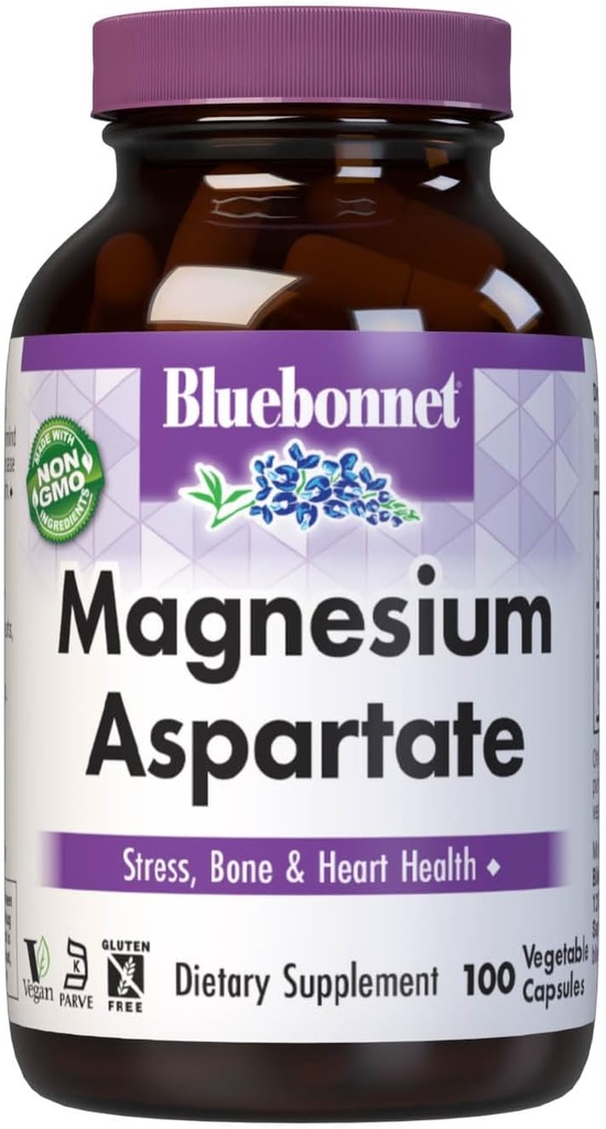 Bluebonnet Nutrition Magneesium Aspartaat, Stress Relief *, Luude Tervis *, Südame Tervis *, Mitte-GMO, Vegan, Kosher Certified, Gluteenivaba, Sojavaba, Piimavaba, 100 köögiviljakapslit, 50 Servingut