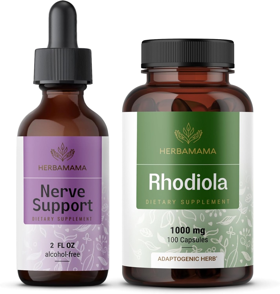 HERBAMA Närvitugi ja Rhodiola Kit - Närvitugi Vedelikkompleks 2 fl oz & Rhodiola Rosea kapslid - Vegan, mitte-GMO, suhkur & alkoholivaba, 2 Pack