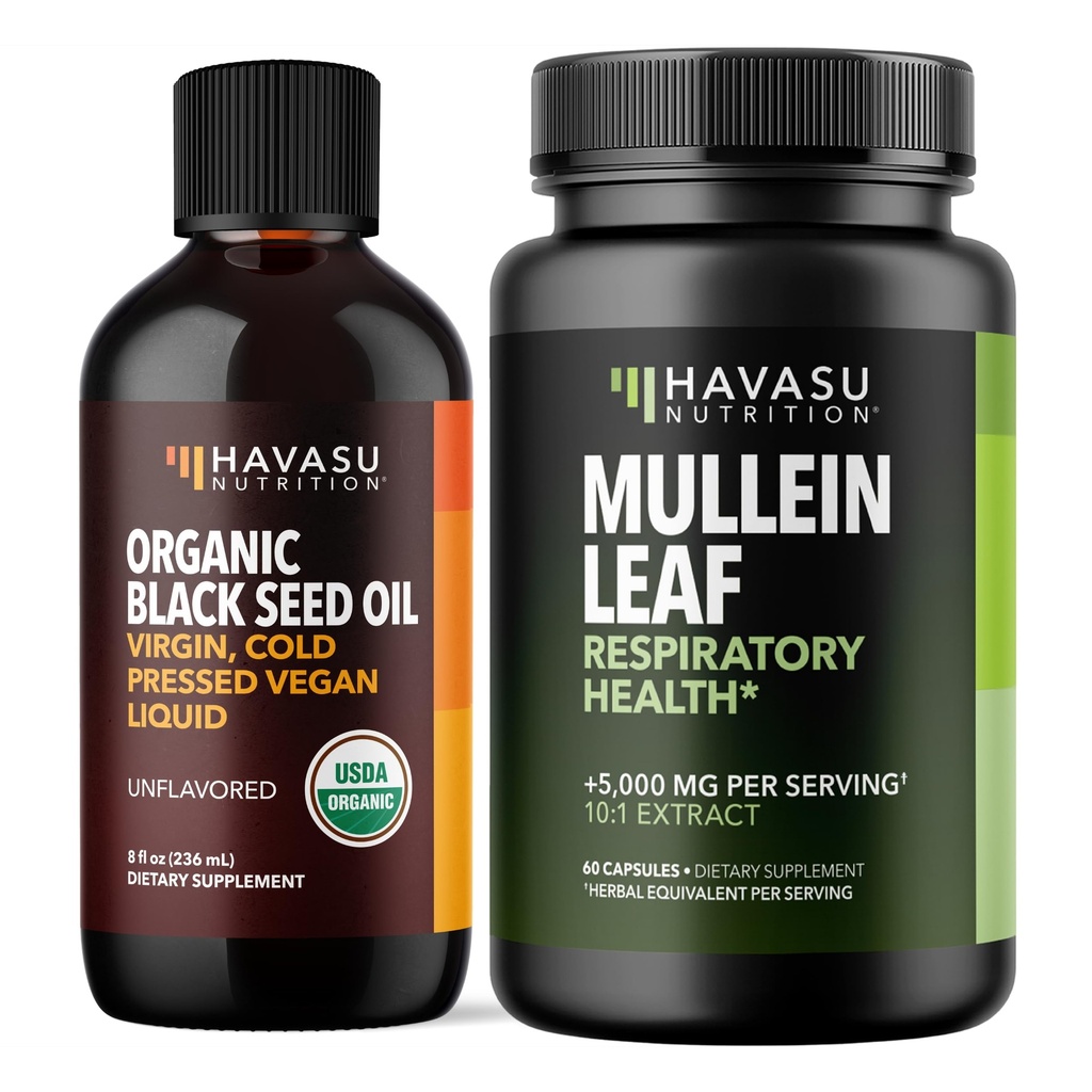 HAVASU TOITLUS Orgaaniline musta seemne õli Vedelik + Mullein Leaf Kapslid Bundle