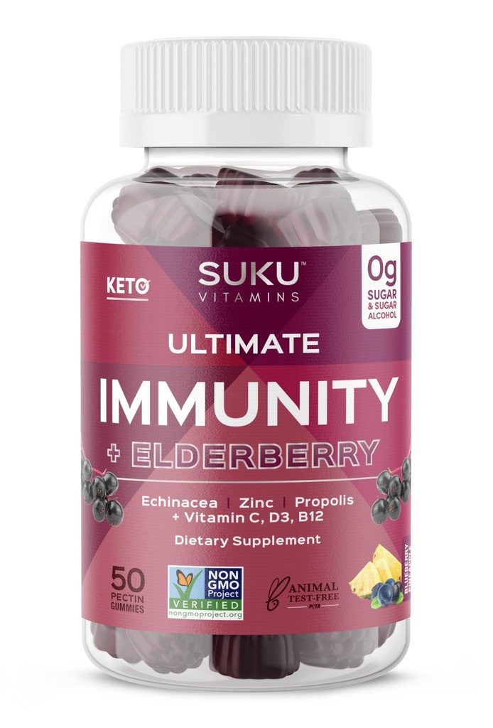 SUKU Vitamiinid - Ultimate Immunity - Elderberry Echinacea ja Propolis Gummies immuunsüsteemi toetamiseks, lihtne närida - Non GMO, gluteenisuhkruvaba - granaatõuna maitsestatud kummi vitamiinid, 50 krahv