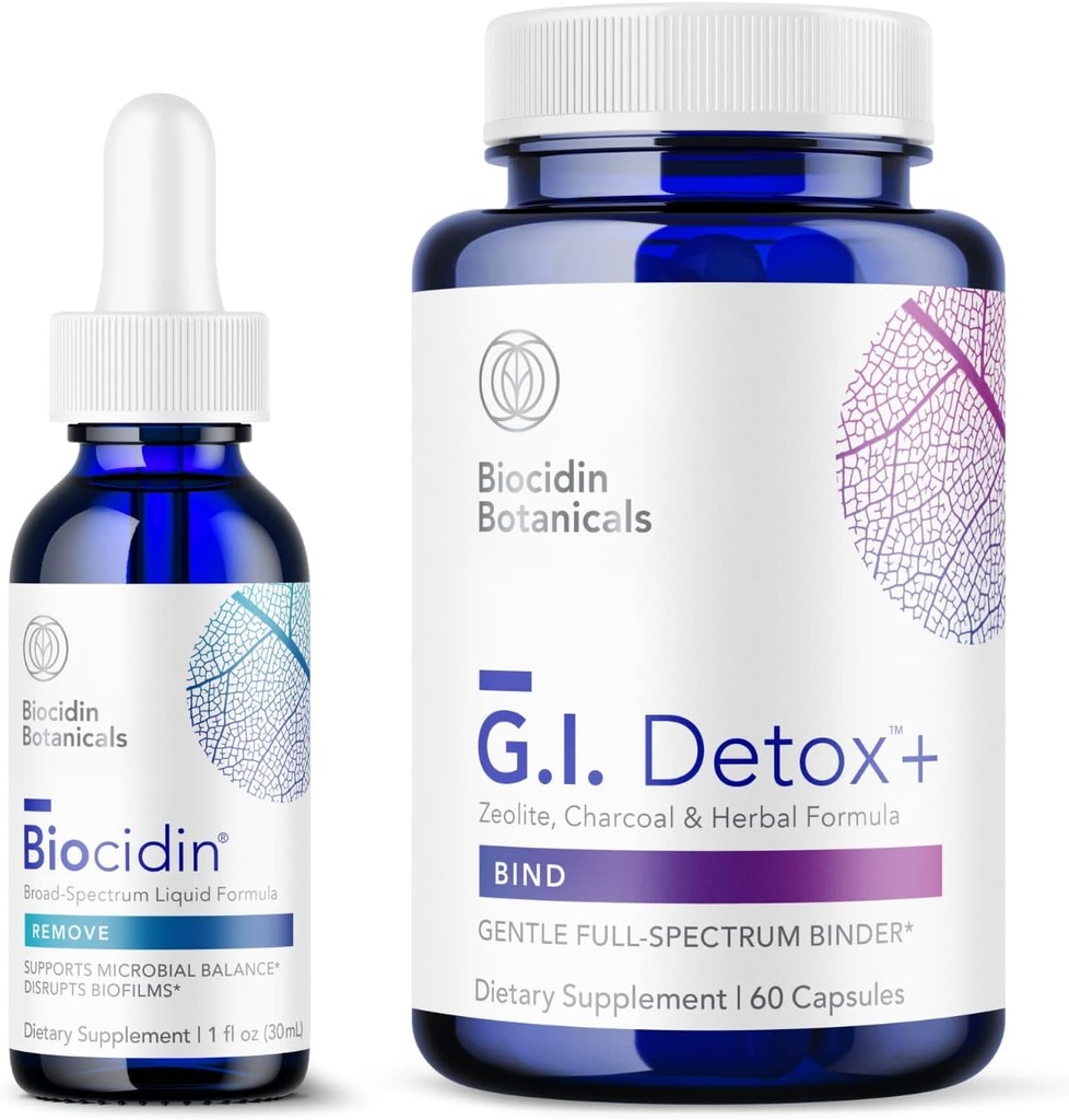Bio-Botanical Research Biocidin Vedel valem (1 oz) koos GI Detox + õrn sideaine - kahe toote detoksikatsioonikomplekt, et toetada puhastamist ja seedimist - abistajad toksiini ja biofilmi eemaldamisel