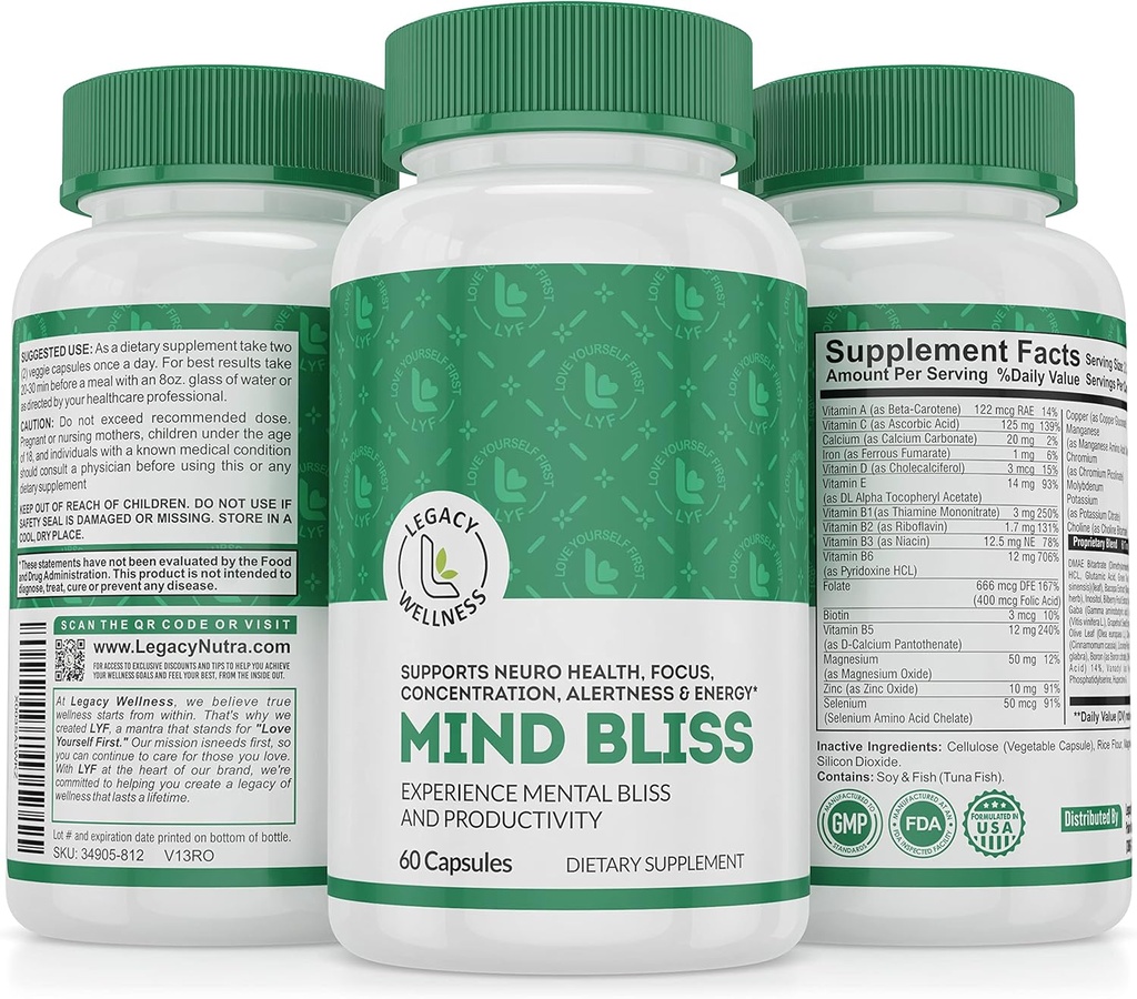 Mind Bliss Brain Supplement: 40-koostisosa mälu, fookus ja selgus Vitamiinid, energia suurendamine ja Nootroopiline tugi DMAE, 60 pillid