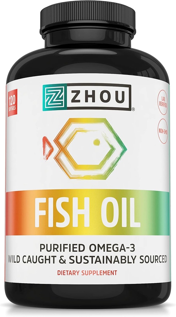 Zhou Fish Oil - kalaõli täiendus naistele ja meestele, Omega 3 rasvhape, DHA looduslik allikas ja EPA täiskasvanutele, haputu, puhas, süda ja liigeste tervis - 120 softgels