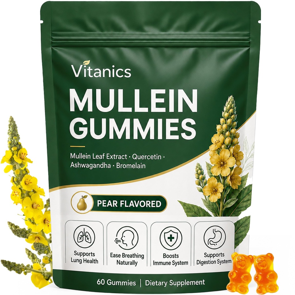 Mullein Gummies, Daily Respiratory Health Gummies, 1000mg Mullein Leaf herb Extract, Pear Flavor, Lung Health & Sinus Relief (30 päeva pakkumine)