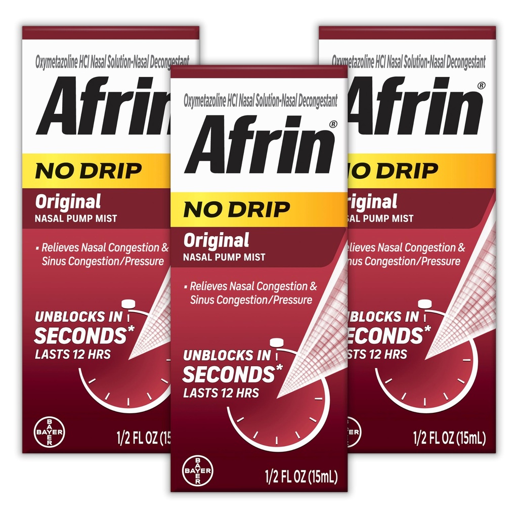 AFRIN No tilgutamine Originaalne nina udu kolmekordne pakend, mitte-uimane, kiiretoimeline dekongestant nina ummistuste ja siinusrõhu leevendamiseks, Täiskasvanud ja lapsed 6 ja vanemad, .5 fl oz (pakk 3)