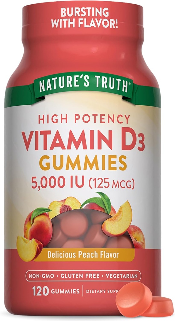 Looduse tõde Vitamiin D3 Gummies | 5000 IU | 120 Count | Taimetoitlane, mitte-GMO ja gluteenivaba toidulisand | Looduslik virsikumaitse, pakend 1