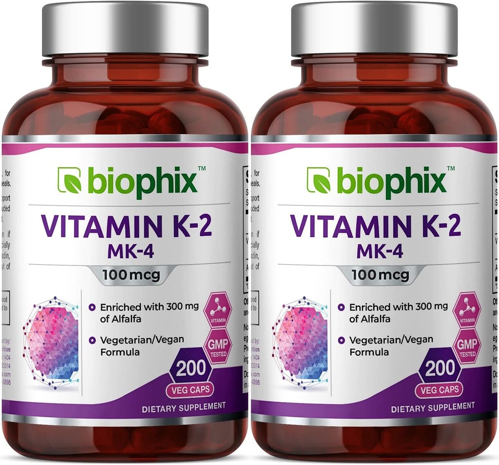 Biophix Vitamiin K2 MK-4-100 mcg 200 kapslit Alfalfa 2 pakendiga - toetab tugevaid luid Immuuntervise