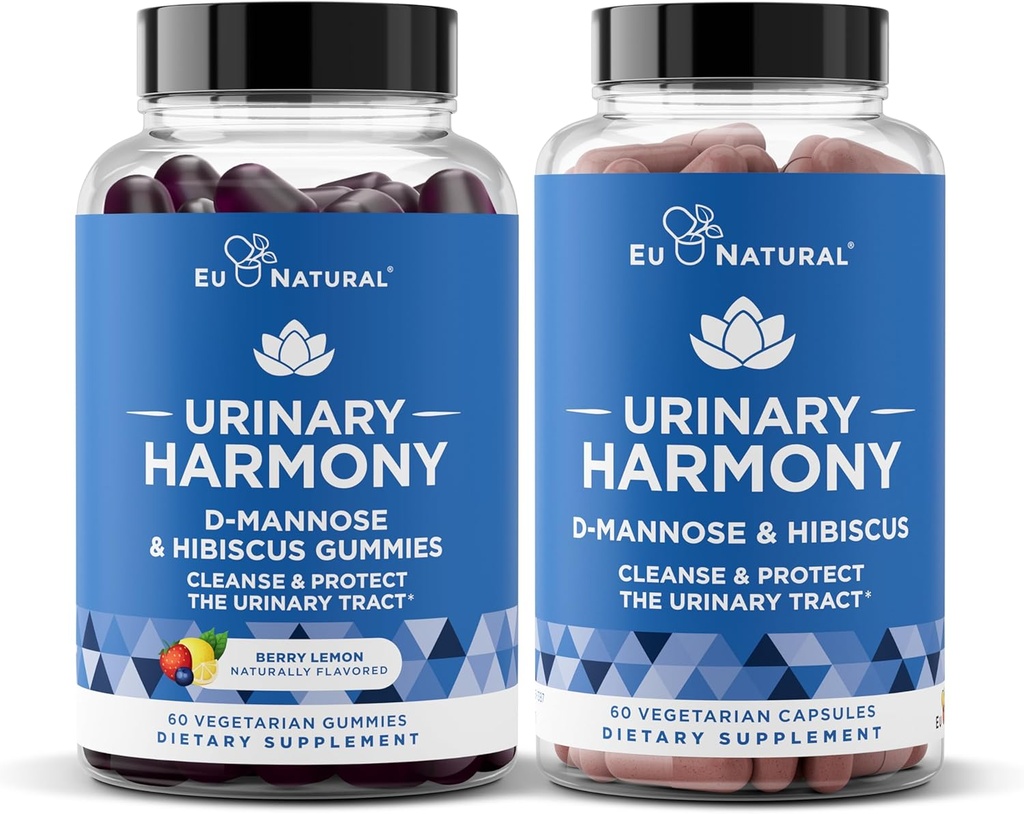 Kuseteede Harmoonikapslid ja Gummies Bundle - Kuseteede Tervis Naistele - D-Mannose & Hibiscus Puhastab, loputab ja kaitseb kuseteede süsteemi