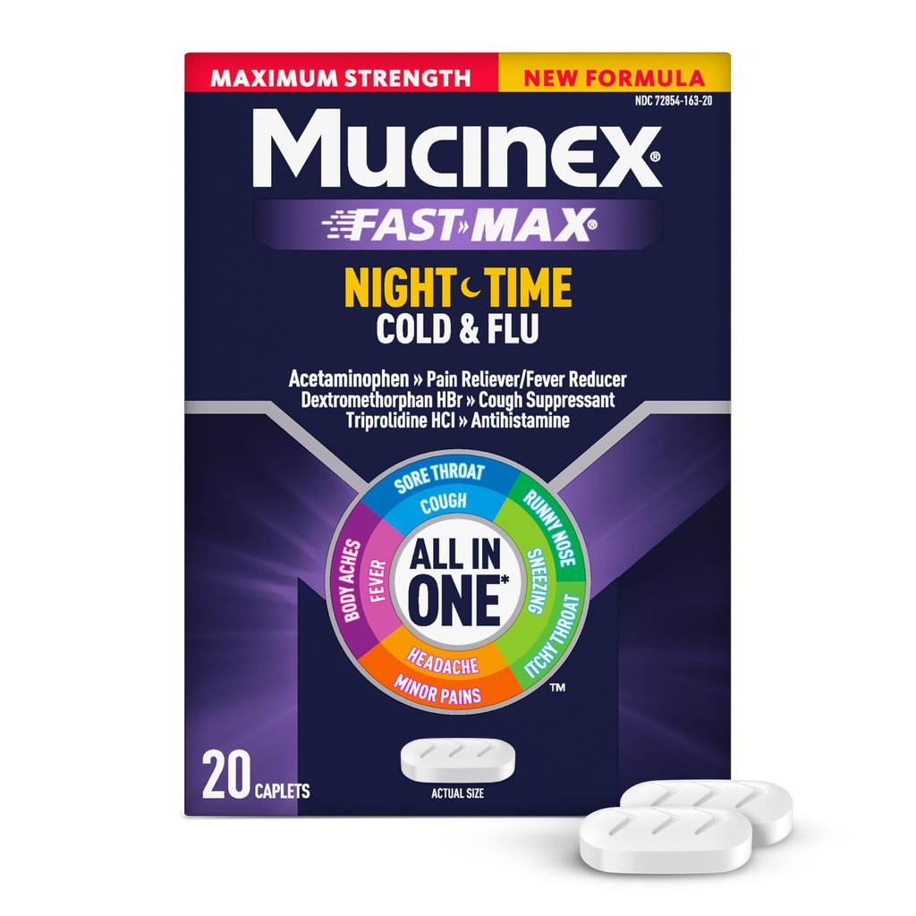 Mucinex Nightshift Cold & Flu, Maksimaalne Tugevus Võimas Multi-Sümptom Öine Relief, 20 Kiire Vabastamise Kapslid - Valu Reliever / Palaviku Vähendaja, Köha Supressant, Antihistamiin