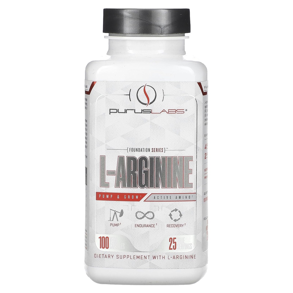 Purus Labs L-arginiin Aktiivne Aminohape | Vastupidavus, pumbad ja lihaste kasv | Lämmastikoksiid suurenenud verevoolu jaoks | 25 serveerimist, 100 köögiviljakapslit