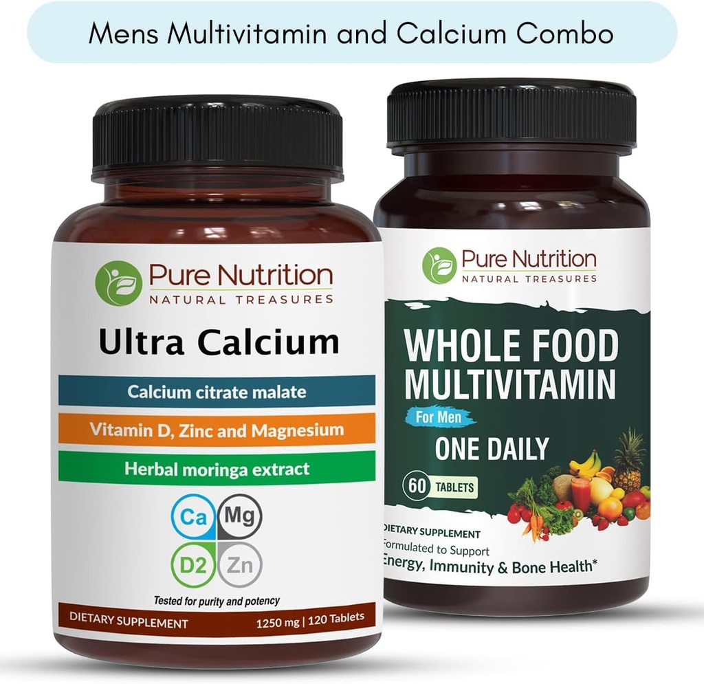 Puhas toitumine Ultra Kaltsium 1000mg ja kogu toit Meeste multivitamiinid 1500mg tervete luude, liigeste ja üldise heaolu jaoks. Ultra Kaltsium 90 Tabs + Mens Multivitamiinid 60 Tabs.