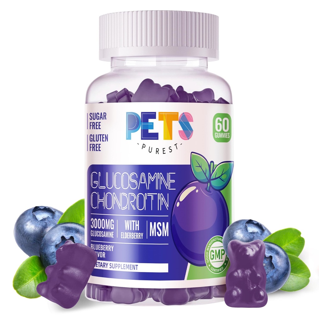 Lemmikloomad Puhtad Glükosamiini Kondroitiin Gummies koos MSM & Elderberry Extra Tugevusega - ühine tugi, antioksüdantide immuuntoetus täiskasvanutele, meestele ja naistele.60 Mustikakummid