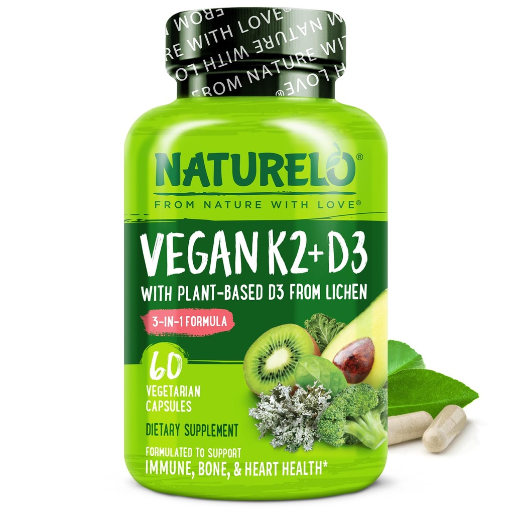 NATURELO D3-vitamiin K2 - Vegan taimse D3-ga samblikust - Immuunsüsteemi looduslik lisand, luude tugi, südame tervis - kogu toit - mitte-GMO - gluteenivaba, 60 kapslit