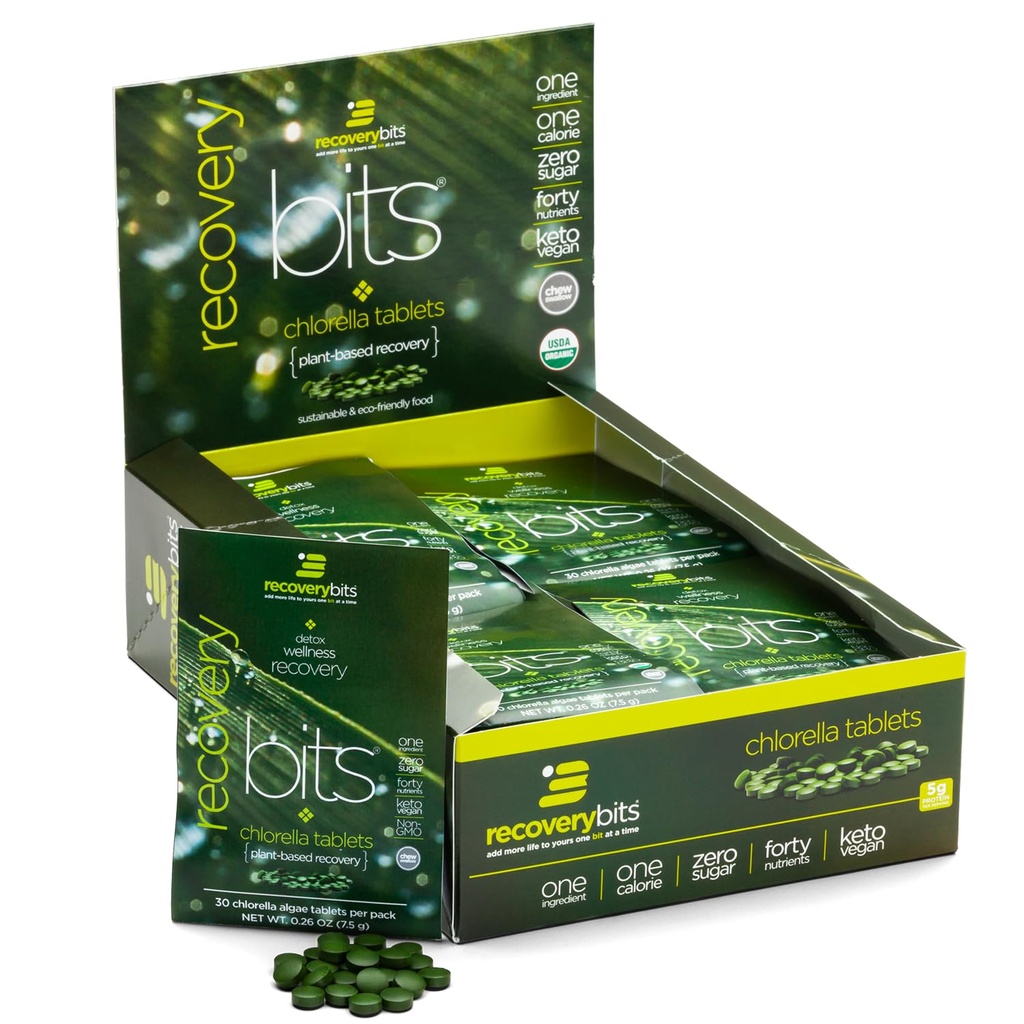 RECOVERYbits - Organic Chlorella tabletid - Taimepõhised vetikad Superfood - Chlorophyll - Cracked Cell Wall - Energy - Immuunsüsteem - Detox - Keto - Vegan - Non-GMO - Box 30 kotti - 900 Tabletid