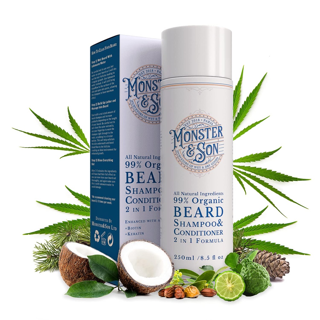 Monster&Son Organic Beard Shampoo & Conditioner 2 in 1 - habemepesu koos konditsioneerimisega meestele - õrn näopuhastaja tundlikule nahale - allergia, parabeeni ja sulfaadi vaba - pikk kestev 250 ml