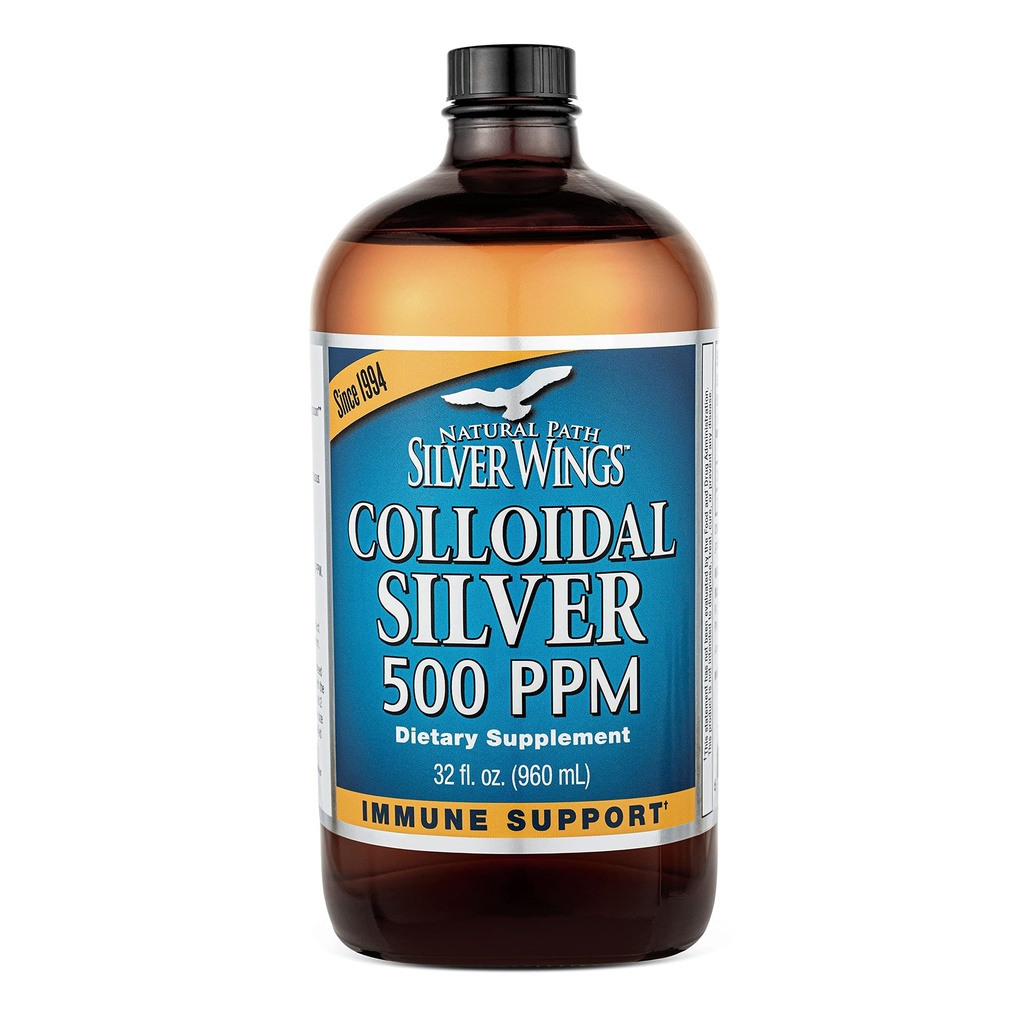 Natural Path Silver Wings Colloidal Silver 500ppm (2500mcg) Immune Support Supplement 32 fl. oz.