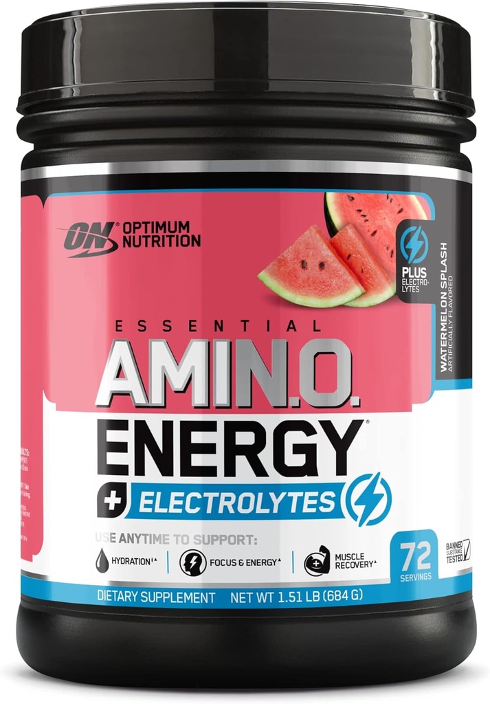 Optimum Nutrition Essential AMIN.O Energy & Electrolytes - Energy, Focus & post-workout Lihaste taastamine - Arbuus Pre-workout elektrolüütide pulber jook - Arbuus Splash, 1.51 lb (72 Servings)