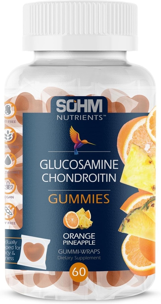 SOHM Glükosamiin ja kondrotiin Gummies 60 Loe individuaalselt pakendatud, toetab liigeseid Tervis ja luud Tervis, Glükosamiin Chondroitin Gummies meestele ja naistele Taimetoitlane (Pineapple, Orange)