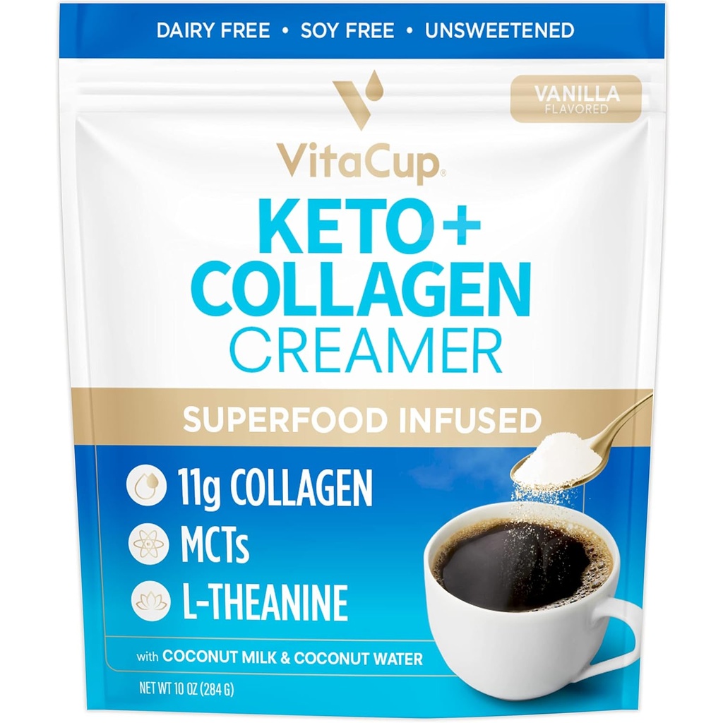 VitaCup Keto + kollageen Coffee Creamer Vanilla Maitse MCT, kollageeni valk, kookosvesi, L-Theanine Keto Dieet, Kasutamine Kohvi, Smoothies & Shakes, Piimavaba, Gluteenivaba, Sojavaba, 10oz