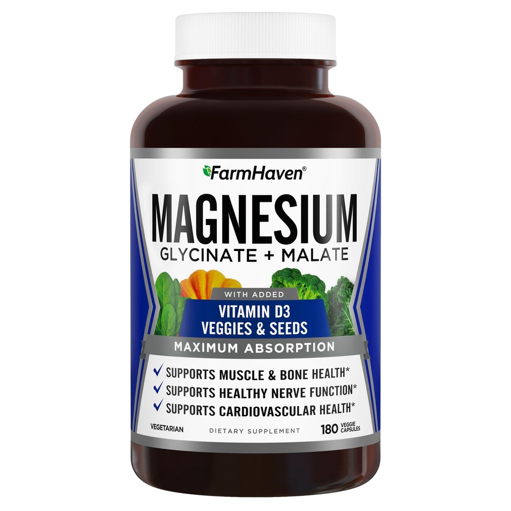 FarmHaven Magneesium Glütsinaat & Malate Complex w / Vitamiin D3, 100% kelaaditud Max Absorbtion, Taimetoit - Luu Tervis, närvid, lihased, 180 kapslit, 90 päeva