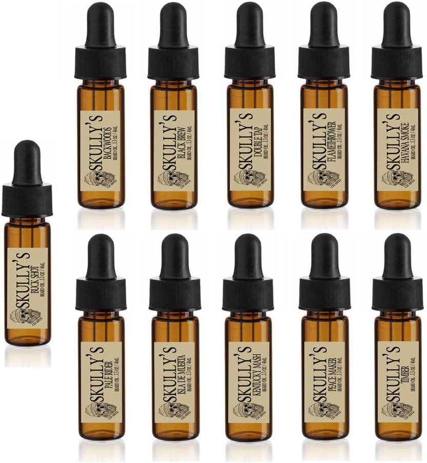 Skully's Beard Oil proovikomplekt (11) 5 ml klaasist dramid, reisipakett