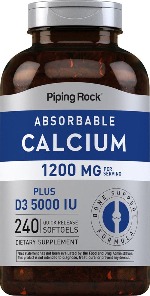 Torukaltsium 1200 mg koos D3-vitamiiniga | 240 Softgels | 5000 IU D3-vitamiini | Absorbeeritav kaltsiumilisand | Mitte-GMO, Gluteenivaba