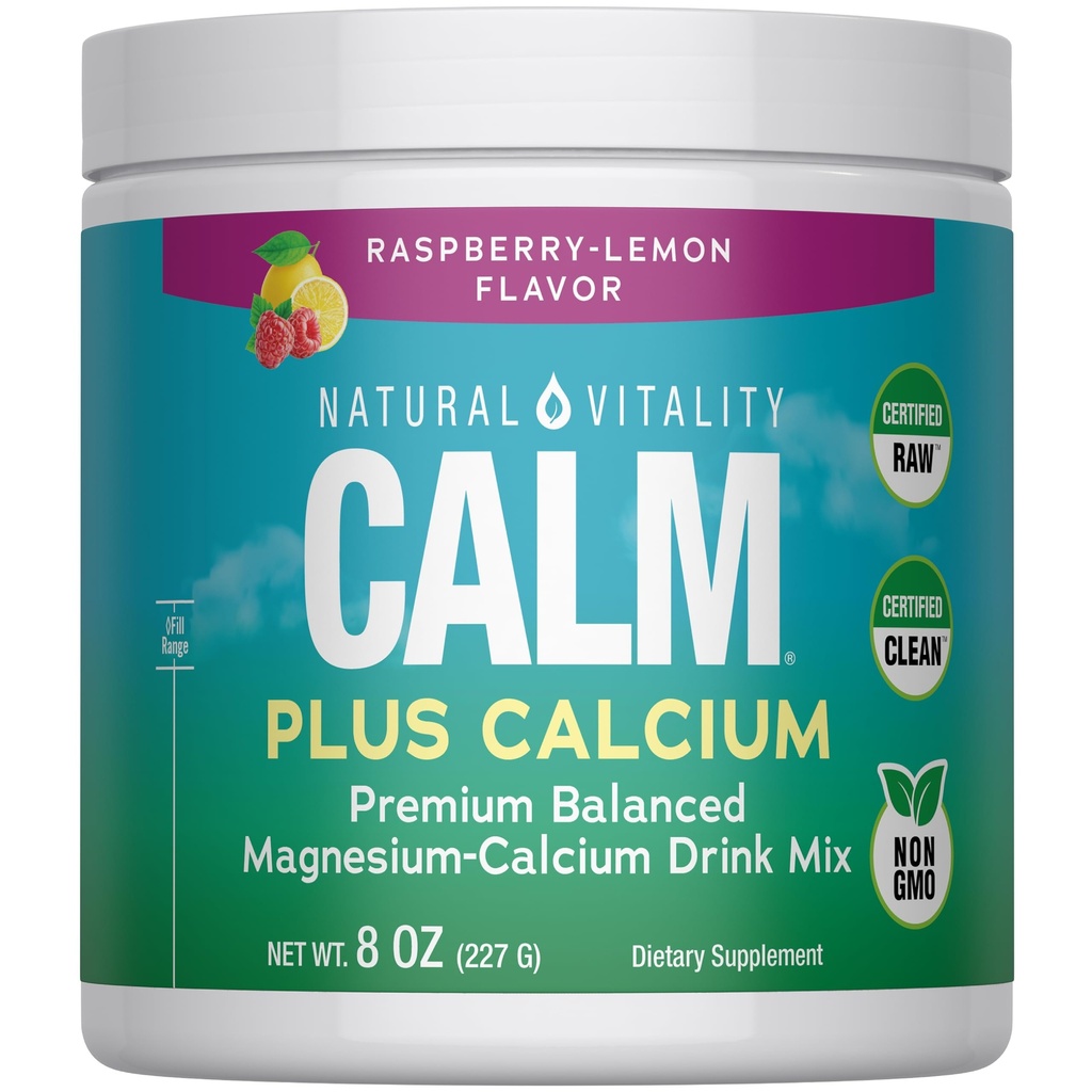 Natural Vitality CALM Magneesium Supplement Drink Mix Plus Kaltsium, Anti-Stress Joogi Segu Pulber, Kaltsium, Taimetoitlane Ja Mitte-GMO, Vaarika Sidrun, 8 oz