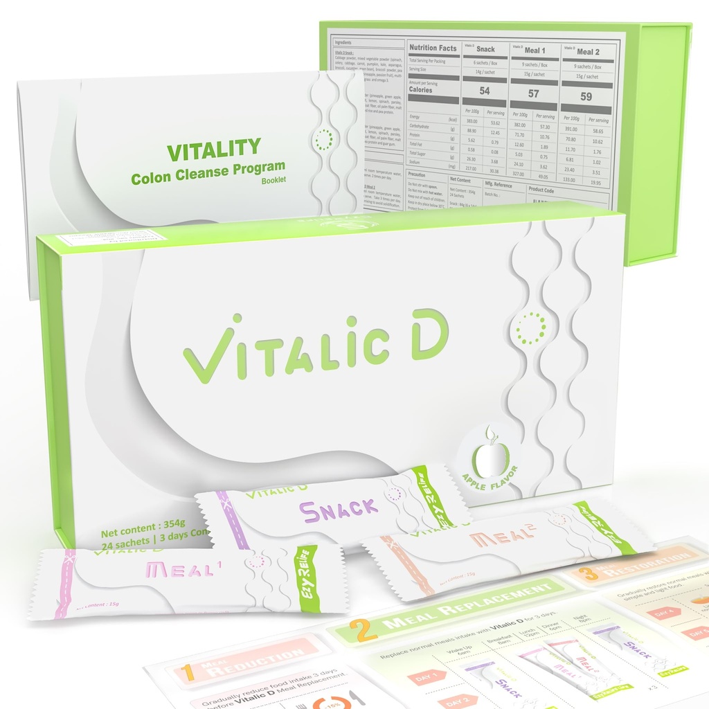 Vitalic D, 3-Day Cleanse Program & Gut Health Support | Taimepõhine Detox Powder Drink for Seedetrakti lähtestamine, kerge tunne & Daily Wellness | Apple Maitse