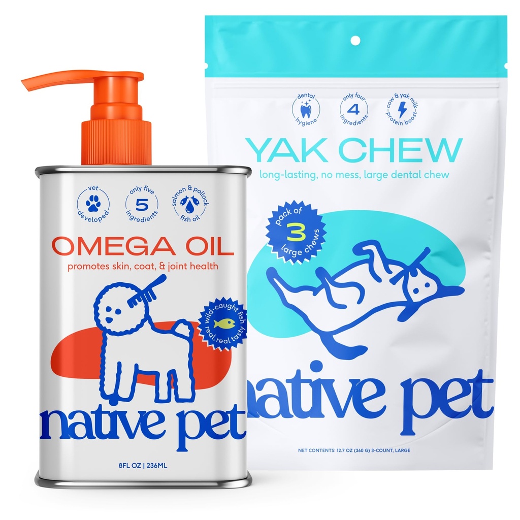 Native Pet Omega Oil for Dogs - Dog Fish Oil Supplements & Yak Chews for Dogs | Karjakasvatuse ja orgaanilise jakijuust Himalayan Churpi Chews | 8 Oz. & 3 Suur Yak Chews