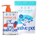 Native Pet Omega Oil for Dogs - Dog Fish Oil Supplements & Yak Chews for Dogs | Karjakasvatuse ja orgaanilise jakijuust Himalayan Churpi Chews | 8 Oz. & 3 Suur Yak Chews