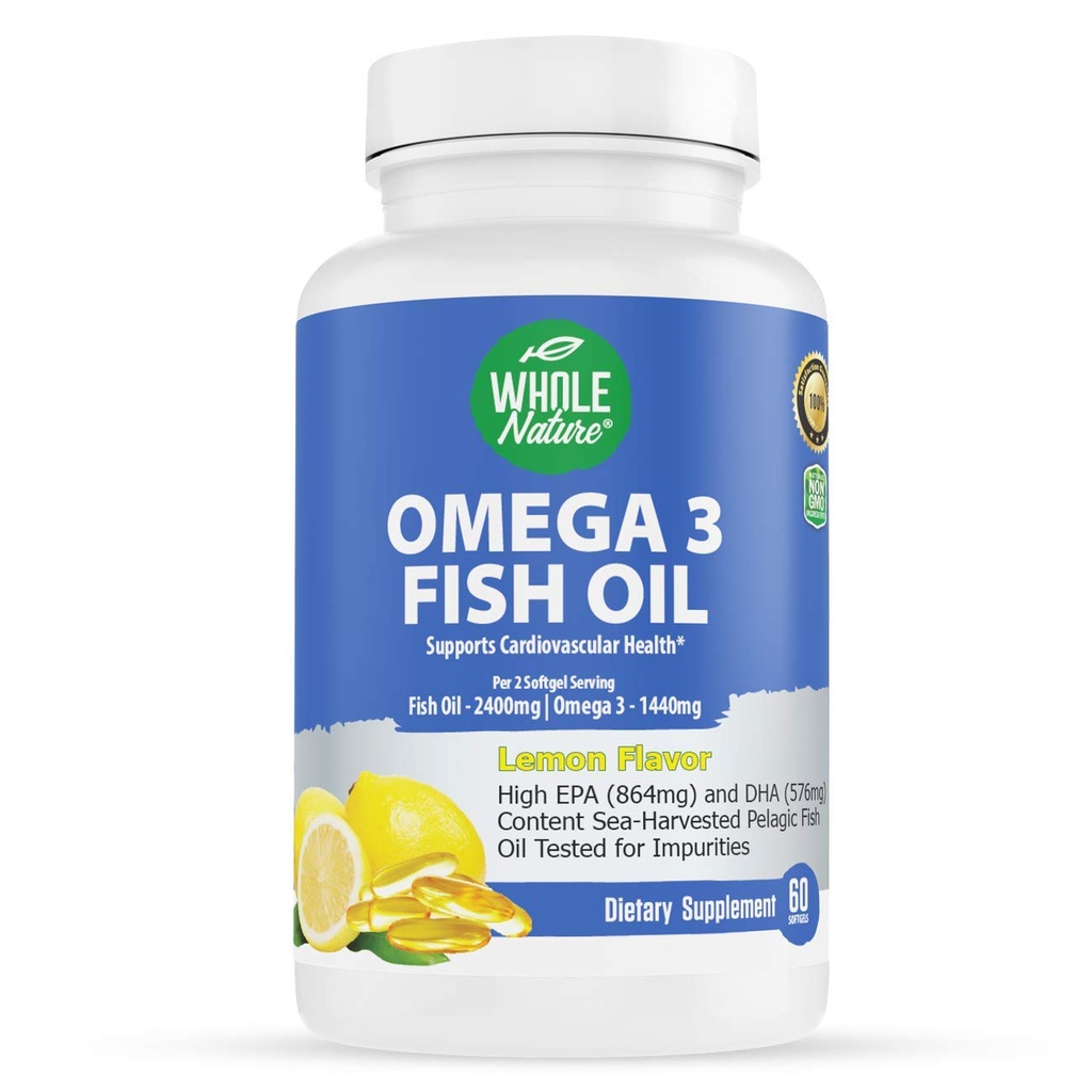 Omega 3 kalaõli toidulisandid, maksimaalne tugevus 2400 mg oomega-3, 1440 mg kalaõli, EPA DHA rasvhapped, südame tervis, nägemine, silm, aju, immuunsuse tugi naistele ja meestele. looduslik sidrunimaitse, 60 ct (1)