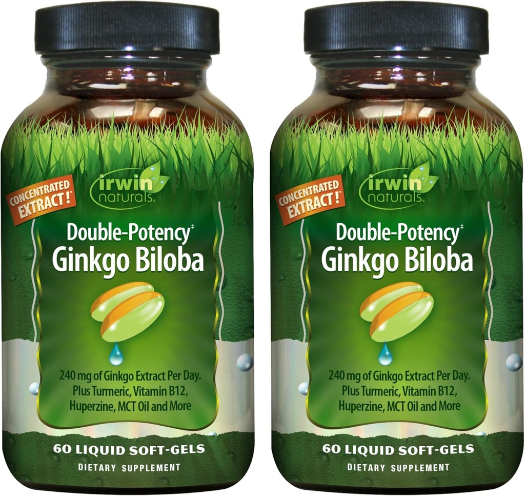 Irwin Naturals Double-Potency Ginkgo Biloba – 60 vedelat pehmet geeli – aju, fookuse ja ringluse tugi - 2 paketti