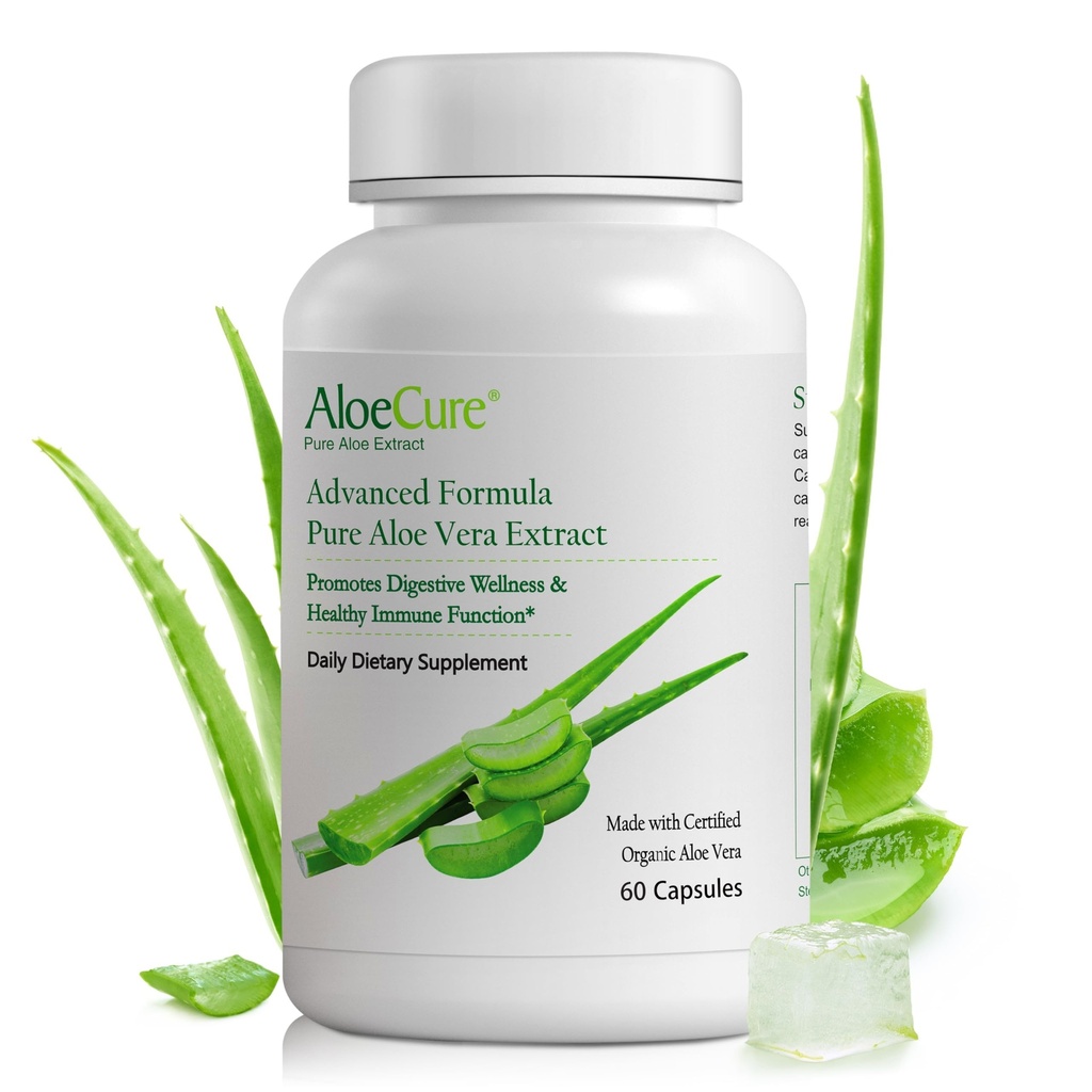 AloeCure Orgaaniline Aloe Vera kapslid, 160 000 mg Inner Aloe Leaf ekvivalent ühe serveerimise kohta, tugisool, seedetrakti ja immuunsüsteemi tervis, aitab säilitada tasakaalustatud kõhu hape, Aloin Free, 60 kapslit